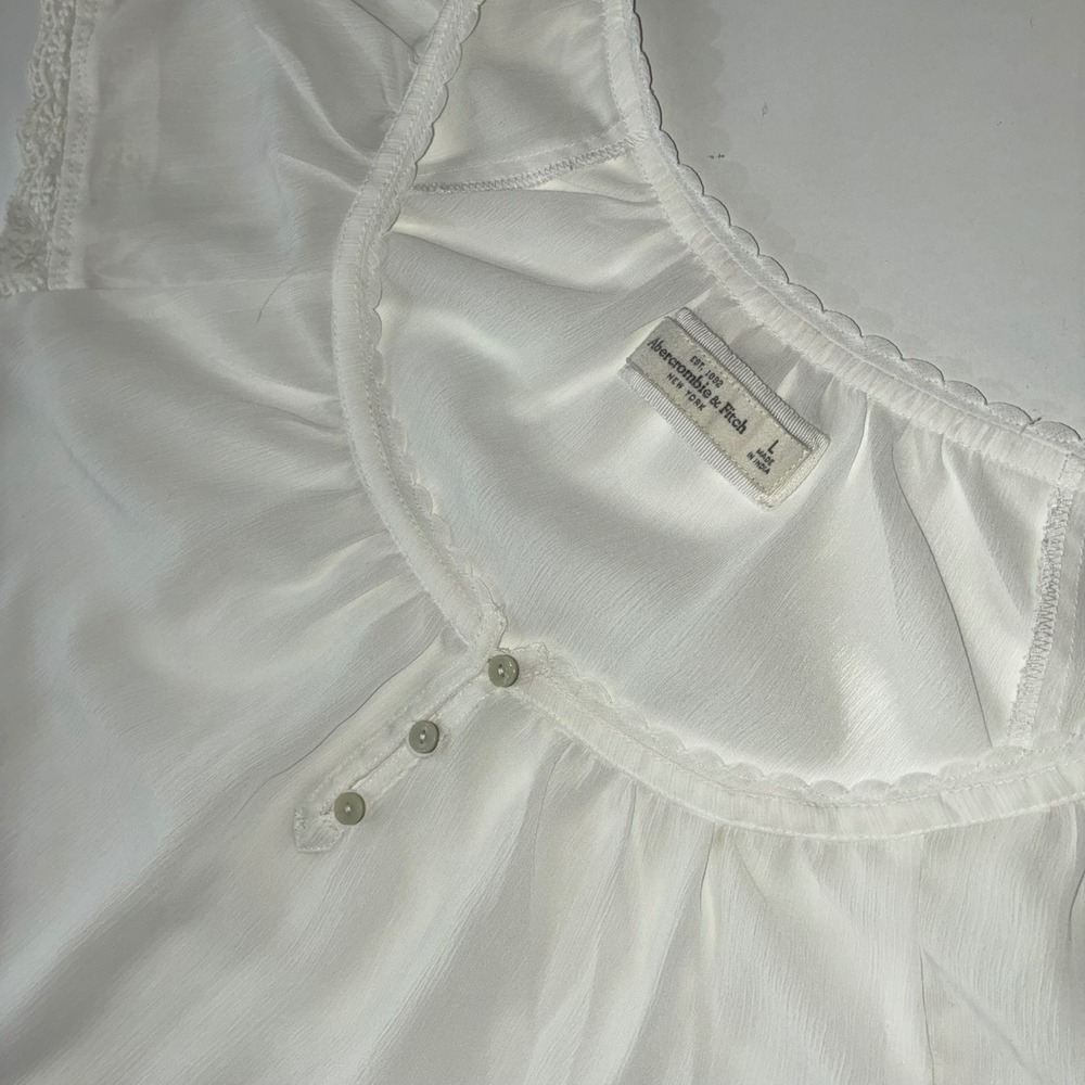 Abercrombie Fitch Women's Large White Lace Ruffle Sheer Babydoll Blouse Top
